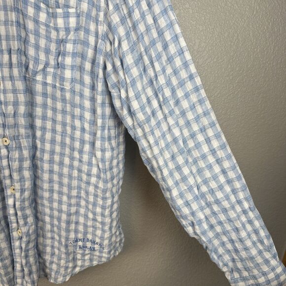 Tommy Bahama Mens Button Up Long Sleeve Shirt Large Blue White Check 100% Linen - Picture 5 of 8
